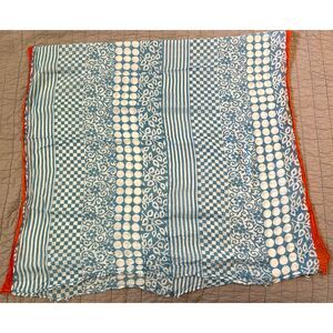 2 Chic Scarf Wrap Blue Orange White Block Print